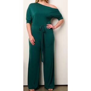 Janette Plus Green Off Shoulder Wide Leg Jumpsuit 2X
